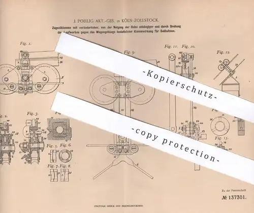 original Patent - J. Pohling AG , Köln / Zollstock , 1901 , Zugseilklemme | Klemme , Seilbahn , Bahn , Zug , Eisenbahn