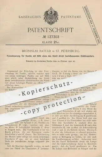 original Patent - Bronislas Ratuld , St. Petersburg / Russland , 1902 , Fernsteuerung für Ventile | Elektromotor , Motor
