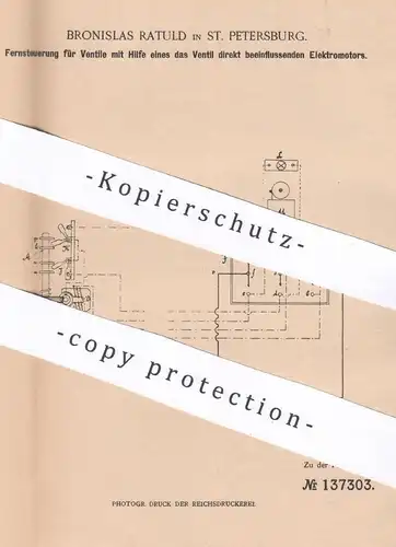 original Patent - Bronislas Ratuld , St. Petersburg / Russland , 1902 , Fernsteuerung für Ventile | Elektromotor , Motor