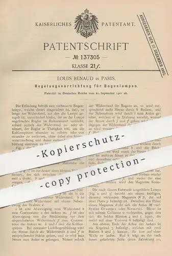 original Patent - Louis Renaud , Paris , Frankreich , 1901 , Regelung an Bogenlampen | Bogenlampe , Brenner , Lampe !!