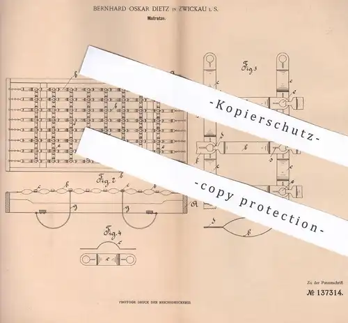original Patent - Bernhard Oskar Dietz , Zwickau , 1902 , Matratze | Matratzen , Bett , Federkern , Feder , Möbel !!