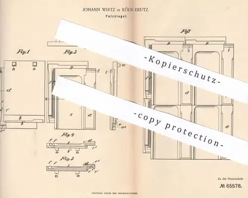 original Patent - Johann Wirtz , Köln / Deutz , 1891 , Falzziegel | Ziegel , Ziegelei , Tonziegel , Ton , Stein !!!