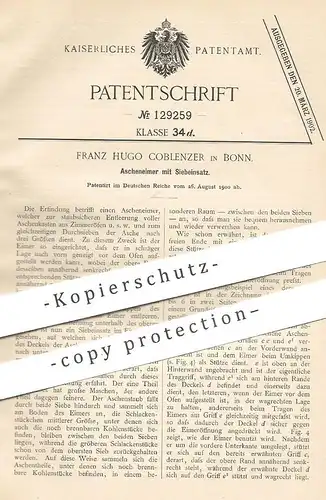 original Patent - Franz Hugo Coblenzer , Bonn , 1900 , Ascheneimer mit Sieb | Aschkasten , Asche - Eimer , Ofen , Öfen