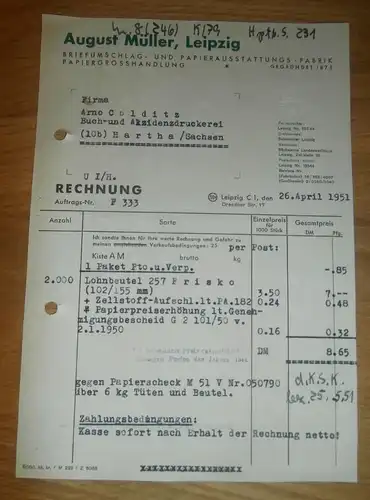 Dokument - August Müller in Leipzig , 1951 , Papierfabrik , Dresdner Straße , Arno Colditz in Hartha i. Sachsen !!!