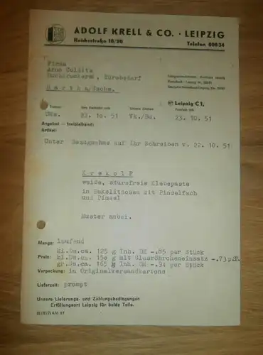 Dokument - Adolf Krell & Co in Leipzig , 1951 , Krekol in Bakelitdosen , Krellhaus Arno Colditz in Hartha i. Sachsen !!!