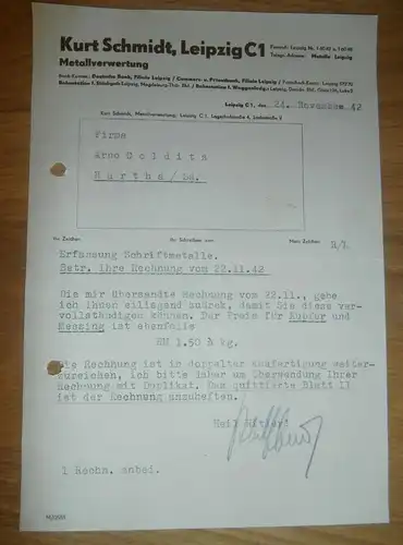 Dokument - Kurt Schmidt in Leipzig , 1942 , Metallverwertung , Kupfer , Messing , Arno Colditz in Hartha i. Sachsen !!!