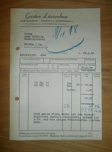Dokument - Gustav Lüssenhop in Leipzig , 1944 , Kartenfabrik , Querstraße , Arno Colditz in Hartha i. Sachsen !!!