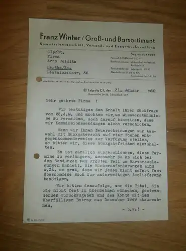 Dokument - Franz Winter in Leipzig , 1950 , Querstraße , Kommissionsgeschäft , Arno Colditz in Hartha i. Sachsen !!!