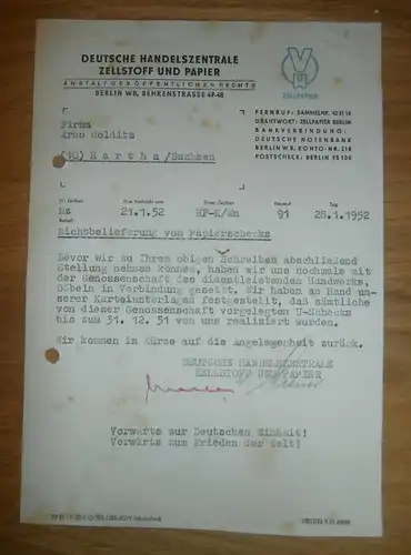 Dokument - Zellstoff und Papier in Berlin , 1952, Behrenstrasse , Arno Colditz in Hartha i. Sachsen !!!