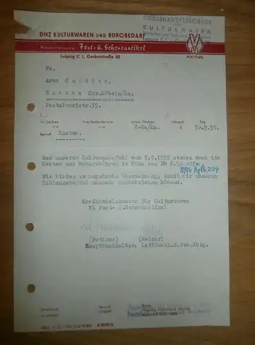 Dokument - DHZ Scherzartikel in Leipzig , 1955 , Gerberstraße , Döbeln , Arno Colditz in Hartha i. Sachsen !!!