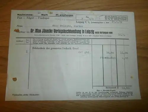 Dokument - Dr. Max Jänecke in Leipzig , 1939 , Buchhandlung , Arno Colditz in Hartha i. Sachsen