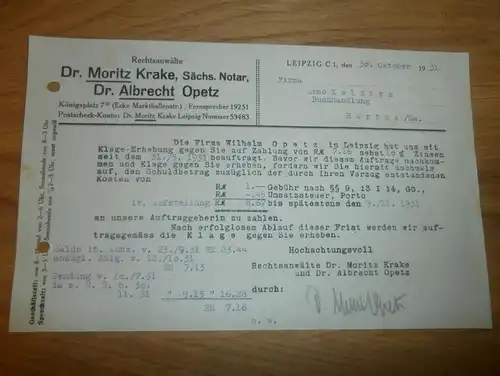 Dokument - Dr. Moritz Krake u. Dr. A. Opetz in Leipzig , 1931 , Rechtsanwalt , Arno Colditz in Hartha i. Sachsen !!!