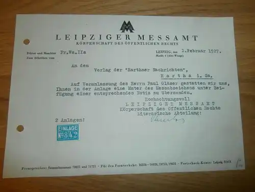 Dokument - Leipziger Messeamt in Leipzig  , 1927 , Messe Abzeichen , Druckerei , Arno Colditz in Hartha i. Sachsen !!!