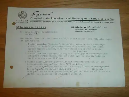 Dokument - GRAMA in Leipzig , 1951 , Graphische Maschinenbau HG , Arno Colditz in Hartha i. Sachsen !!!