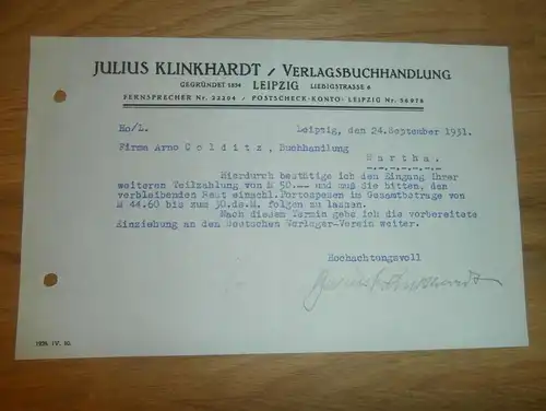 Dokument - Julius Klinkhardt in Leipzig , 1931 , Buchhandlung , Bücherei , Arno Colditz in Hartha i. Sachsen !!!