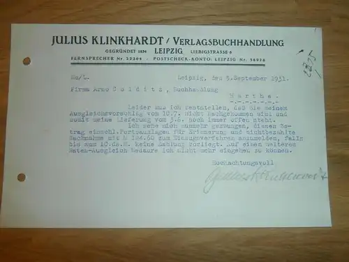 Dokument - Julius Klinkhardt in Leipzig , 1931 , Buchhandlung , Bücherei , Arno Colditz in Hartha i. Sachsen !!!
