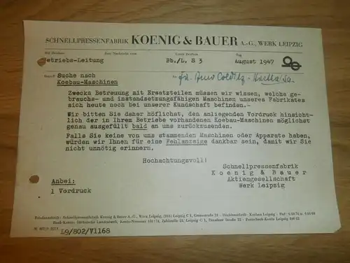 Dokument - Schnellpressenfabrik Koenig & Bauer in Leipzig , 1947 , Presse , Arno Colditz in Hartha i. Sachsen !!!