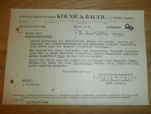 Dokument - Schnellpressenfabrik Koenig & Bauer in Leipzig , 1947 , Presse , Arno Colditz in Hartha i. Sachsen !!!