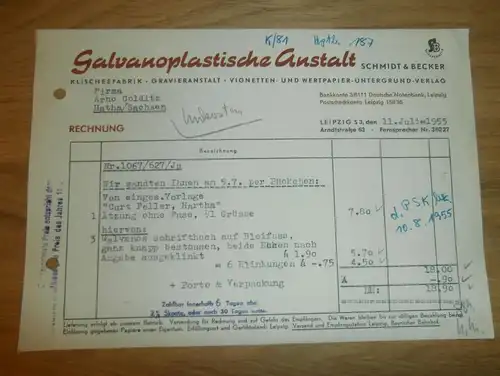 Dokument - Galvanoplastische Anstalt in Leipzig , 1955 , Vignetten , Wertpapiere , Arno Colditz in Hartha i. Sachsen !!!