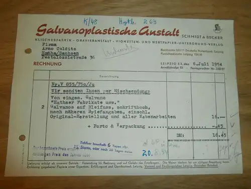 Dokument - Galvanoplastische Anstalt in Leipzig , 1954 , Vignetten , Wertpapiere , Arno Colditz in Hartha i. Sachsen !!!
