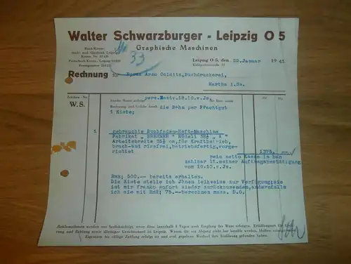Dokument - Walter Schwarzburger i. Leipzig , 1941 , Graphische Maschinen , Druckerei ,Arno Colditz in Hartha i. Sachsen