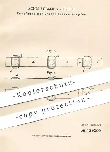 original Patent - Agnes Sticker , Krefeld , 1901 , Knopfband mit verstellbaren Knöpfen | Knopf , Knöpfe , Schneider !!