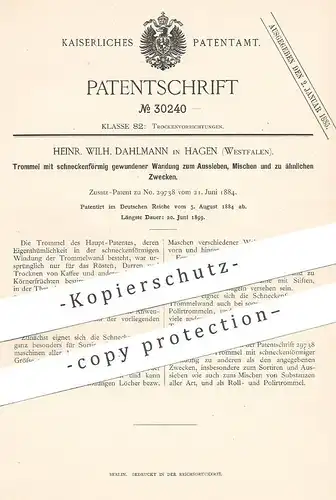 original Patent - Heinr. Wilh. Dahlmann , Hagen , Westfalen , 1884 , Trommel zum Sieben , Mischen , Rösten , Darren !!!