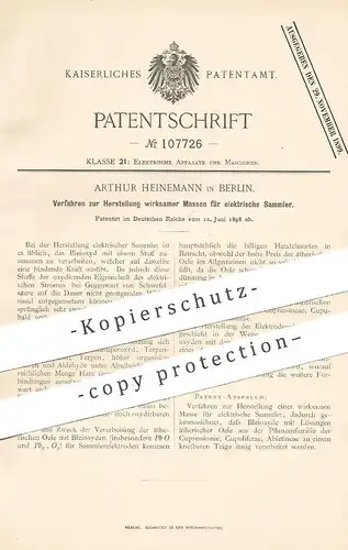 original Patent - Arthur Heinemann , Berlin , 1898 , wirksame Massen für elektrische Sammler | Strom , Elektriker !!!