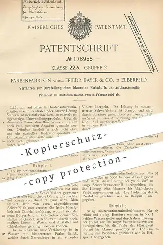 original Patent - Farbenfabriken vorm. Friedr. Bayer & Co. , Elberfeld , 1905 , blauroter Farbstoff der Anthracenreihe !