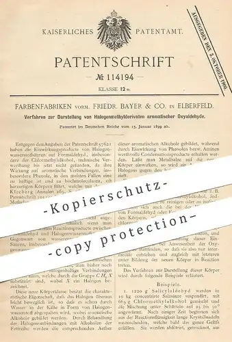 original Patent - Farbenfabriken vorm. Friedr. Bayer & Co. , Elberfeld , 1899 , Halogenmethylderivat der Oxyaldehyde !!!