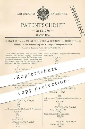 original Patent - Farbwerke vorm. Meister Lucius & Brüning , Höchst / Main , 1899 , Hexahydrobenzylaminbasen | Chemie !!