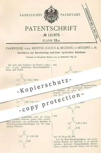 original Patent - Farbwerke vorm. Meister Lucius & Brüning , Höchst / Main  1899 , hydrierte zyklische Aldehyde | Chemie