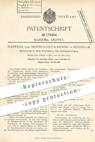 original Patent - Farbwerke vorm. Meister Lucius & Brüning , Höchst / Main , 1903 , Indigodruck | Indigo - Druck !!