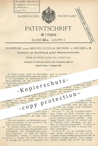 original Patent - Farbwerke vorm. Meister Lucius & Brüning , Höchst / Main , 1905 , Darstellung gelber Monoazofarbstoffe