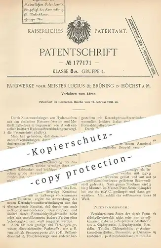 original Patent - Farbwerke vorm. Meister Lucius & Brüning , Höchst / Main , 1904 , Verfahren zum Ätzen | Säure | Chemie