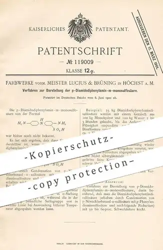 original Patent - Farbwerke vorm. Meister Lucius & Brüning , Höchst / Main 1900 | p-Diamidodiphenylamin-m-monosulfosäure