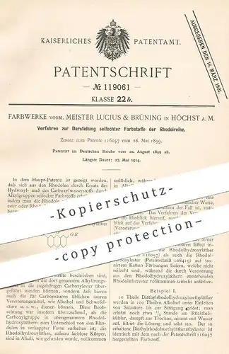 original Patent - Farbwerke vorm. Meister Lucius & Brüning , Höchst / Main , 1899 , seifechte Farbstoffe der Rhodolreihe
