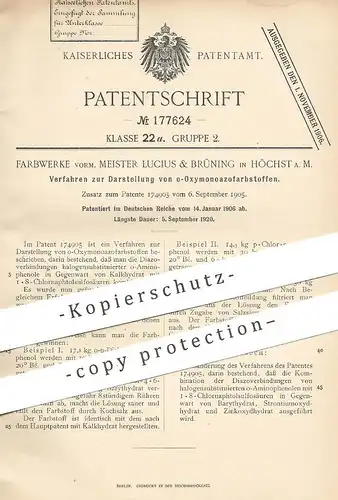 original Patent - Farbwerke vorm. Meister Lucius & Brüning , Höchst / Main , 1906 , o-Oxymonoazofarbstoff - Darstellung