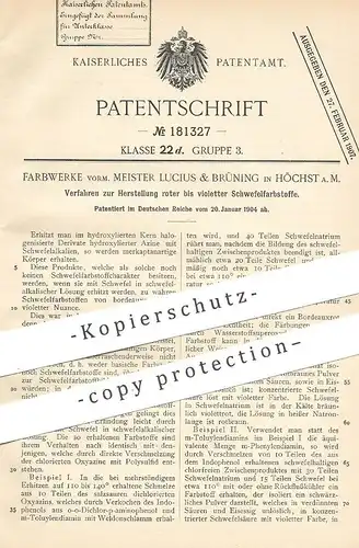 original Patent - Farbwerke vorm. Meister Lucius & Brüning , Höchst / Main , 1904 , rot - violetter Schwefelfarbstoff