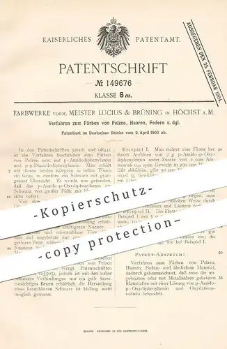 original Patent - Farbwerke vorm. Meister Lucius & Brüning , Höchst / Main , 1903 , Färben von Pelz , Haare , Federn !!!