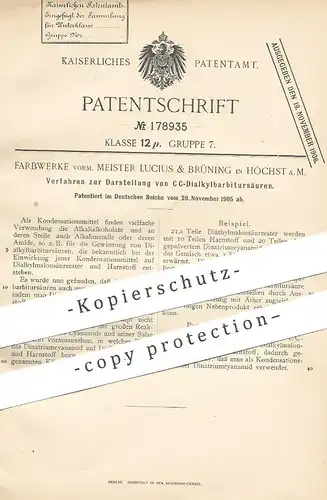 original Patent - Farbwerke vorm. Meister Lucius & Brüning , Höchst / Main , 1905 , CC Dialkylbarbitursäure Darstellung