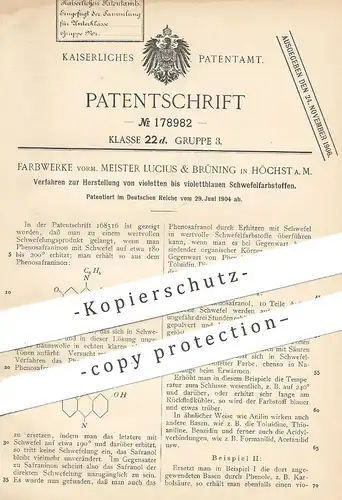 original Patent - Farbwerke vorm. Meister Lucius & Brüning , Höchst / Main , 1904 , violettblauer Schwefelfarbstoff !!