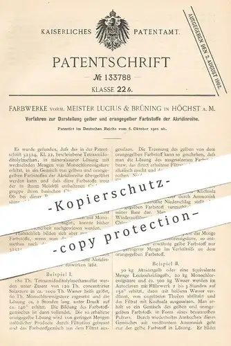 original Patent - Farbwerke vorm. Meister Lucius & Brüning , Höchst / Main , 1901 ,Darst. von Farbstoff der Akridinreihe