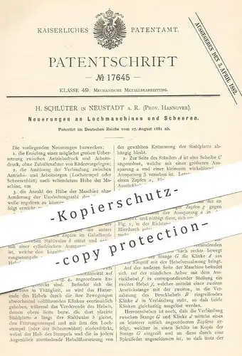 original Patent - H. Schlüter , Neustadt a. R. / Prov. Hannover , 1881 ,  Lochmaschine , Schere | Metall , Stahl !!!