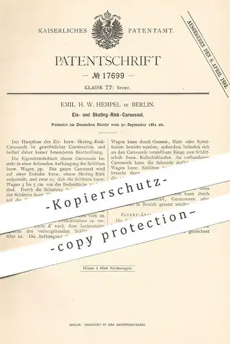 original Patent - Emil H. W. Hempel , Berlin , 1881 , Eis- u. Skating - Rink - Caroussel | Karussell !!!