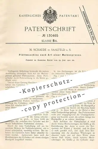 original Patent - M. Schaede , Saalfeld | 1901 | Plättmaschine nach Art einer Muldenpresse | Bügel , Walze , Presse !!!