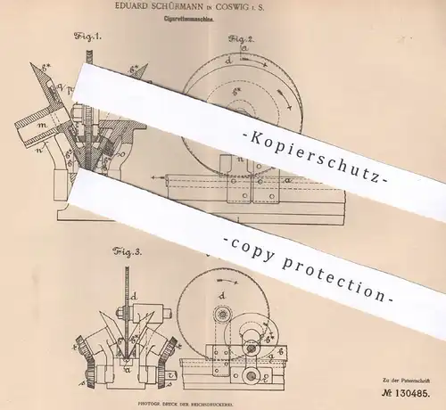 original Patent -  Eduard Schürmann , Coswig | 1901 | Zigarettenmaschine | Cigaretten , Zigaretten , Zigarren , Tabak !!