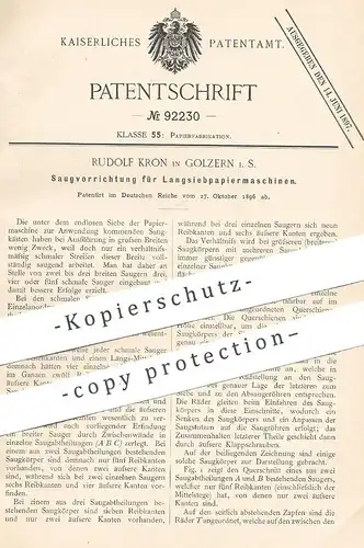 original Patent - Rudolf Kron , Golzern , 1896 , Saugkasten für Langsiebpapiermaschine | Papiermaschine | Papier