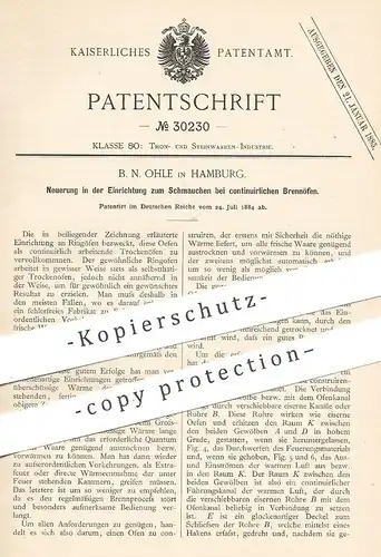 original Patent - B. N. Ohle , Hamburg , 1884 , Schmauchen bei kontinuierlichem Brennofen | Ofen , Ofenbauer !!!