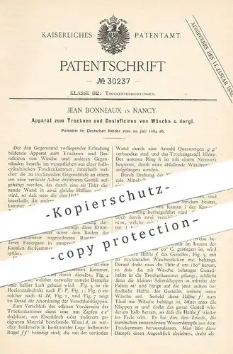 original Patent - Jean Bonneaux , Nancy , 1884 , Trocknen und Desinfizieren von Wäsche | Trockner , Desinfektion !!!